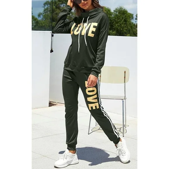 Stylish Women's Athleisure Set - Cowl Neck Hoodie & Elastic Waist Pants in Green